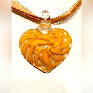 Murano Style Art Blown Glass Fire Orange Swirl Heart Pendant Necklace Claw Clasp